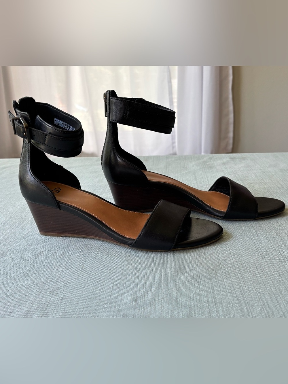 UGG Black Leather Ankle-Strap Wedge Sandals 8